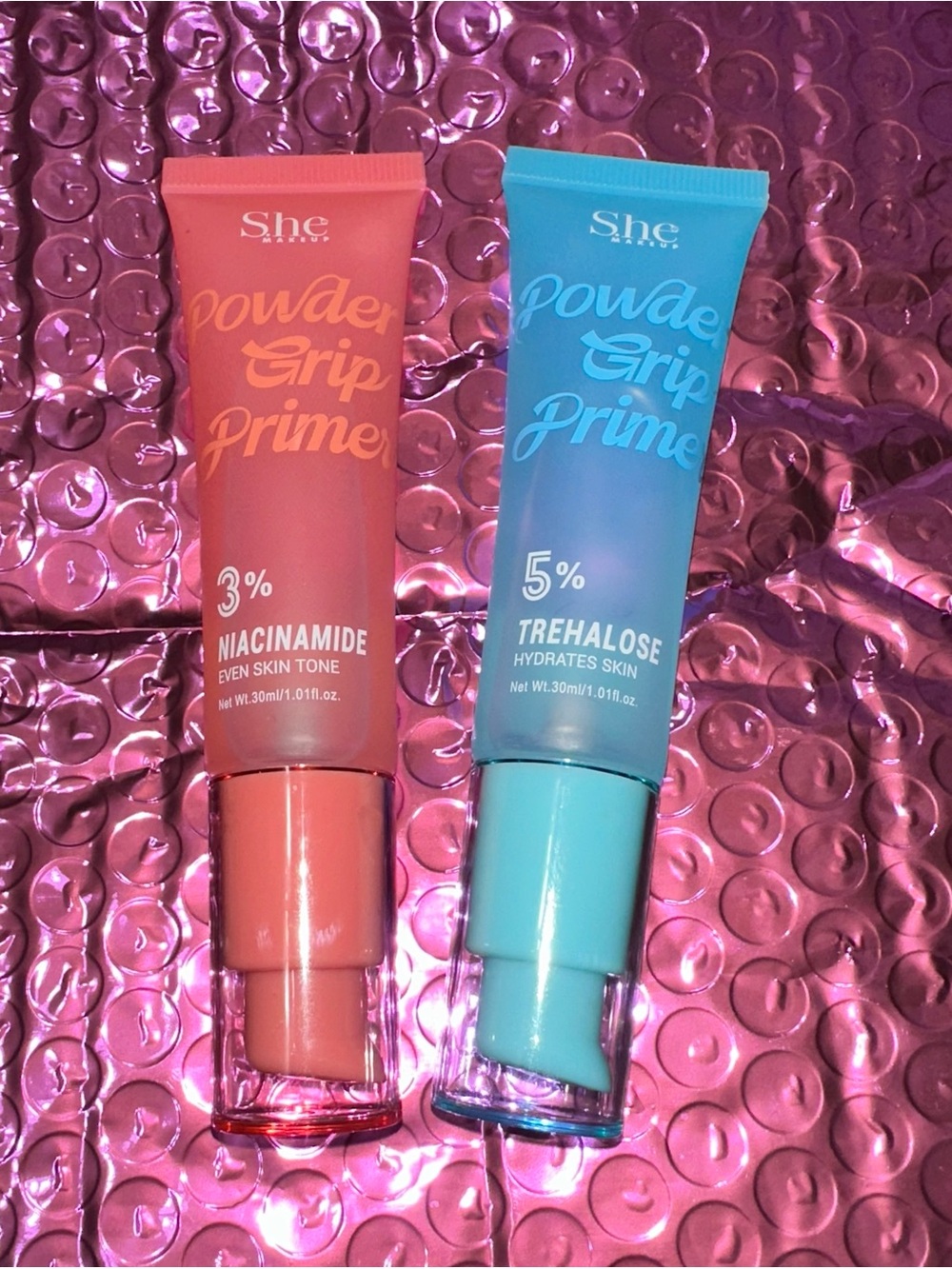 She Makeup Powder Grip Prime - Niacinamide (Peach) & Trehalose (Teal)